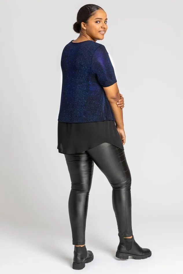 Women Royal Blue Curve Sparkle Overlay Tunic Top Roman Tops