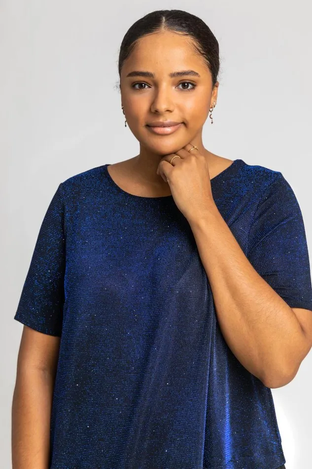 Women Royal Blue Curve Sparkle Overlay Tunic Top Roman Tops