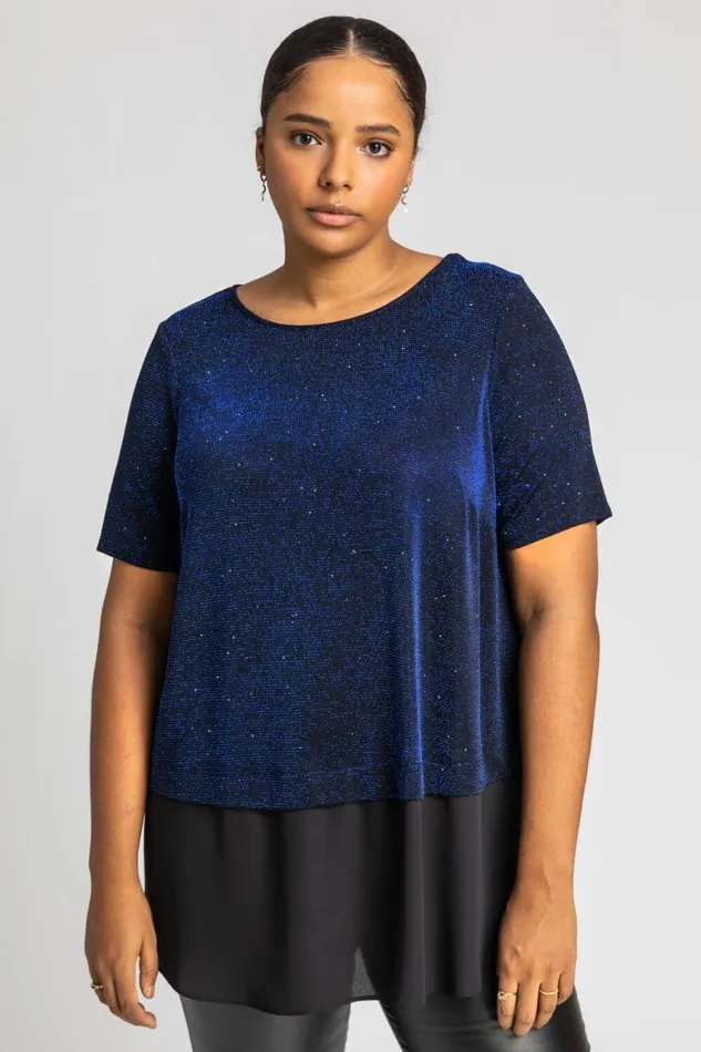 Women Royal Blue Curve Sparkle Overlay Tunic Top Roman Tops