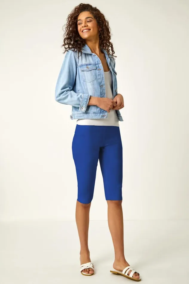 Women Royal Blue Elastic Waist Knee Length Stretch Shorts Roman Trousers