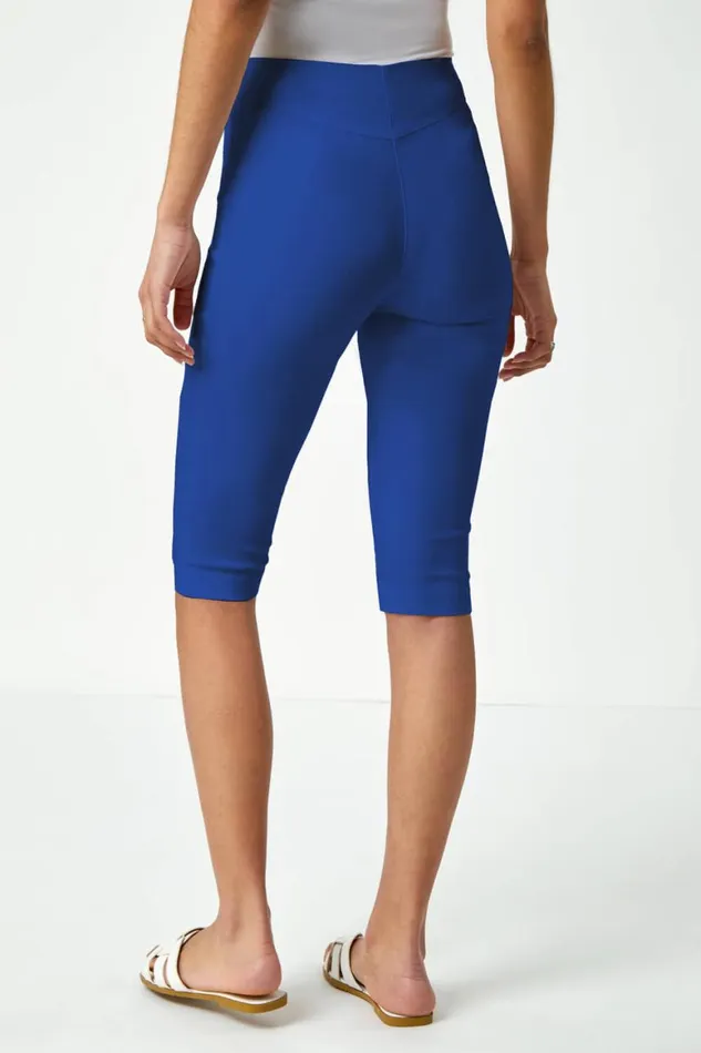 Women Royal Blue Elastic Waist Knee Length Stretch Shorts Roman Trousers