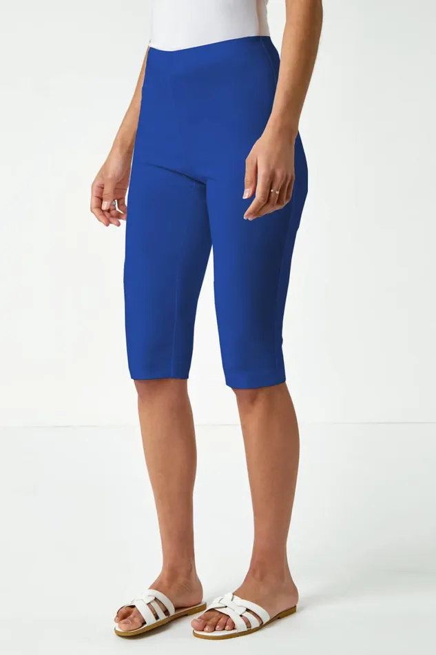 Women Royal Blue Elastic Waist Knee Length Stretch Shorts Roman Trousers