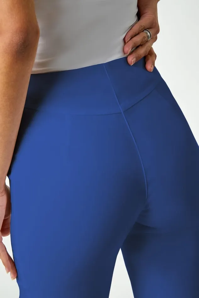 Women Royal Blue Elastic Waist Knee Length Stretch Shorts Roman Trousers