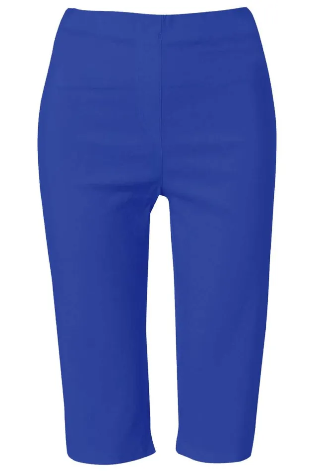 Women Royal Blue Elastic Waist Knee Length Stretch Shorts Roman Trousers