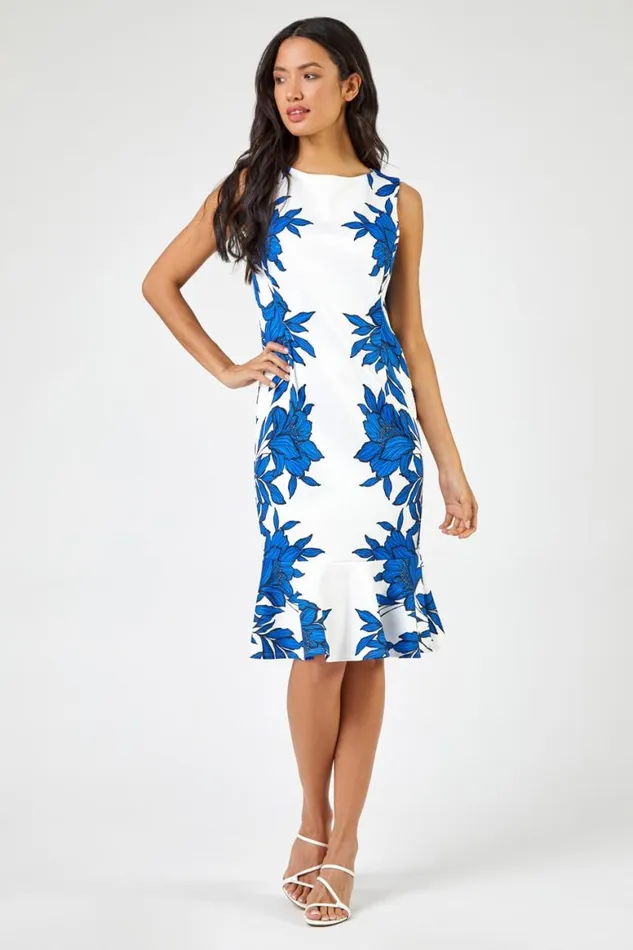 Women Royal Blue Floral Border Print Frill Stretch Dress Roman Dresses