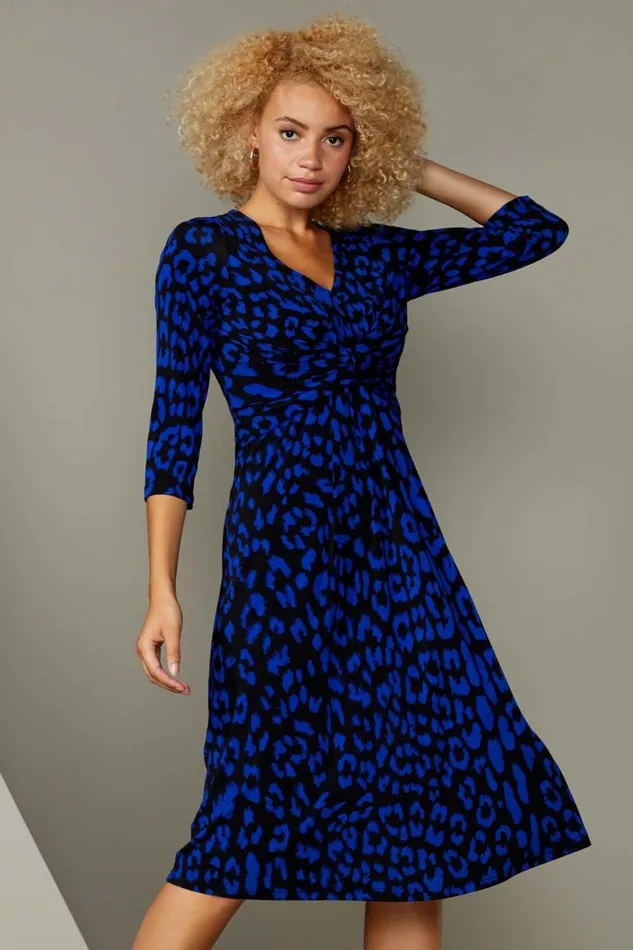 Women Royal Blue Leopard Print Fit And Flare Dress Roman Dresses