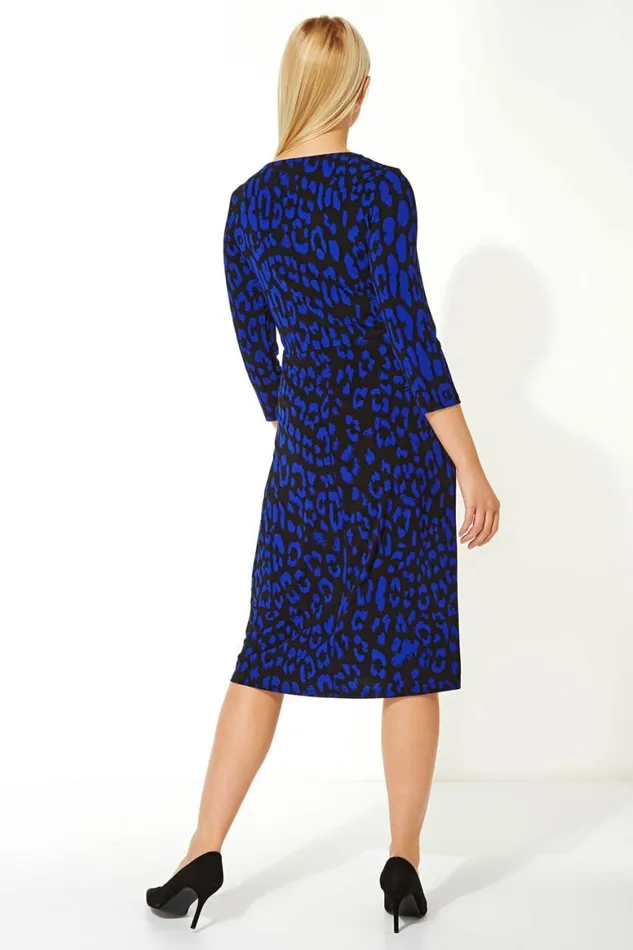 Women Royal Blue Leopard Print Fit And Flare Dress Roman Dresses