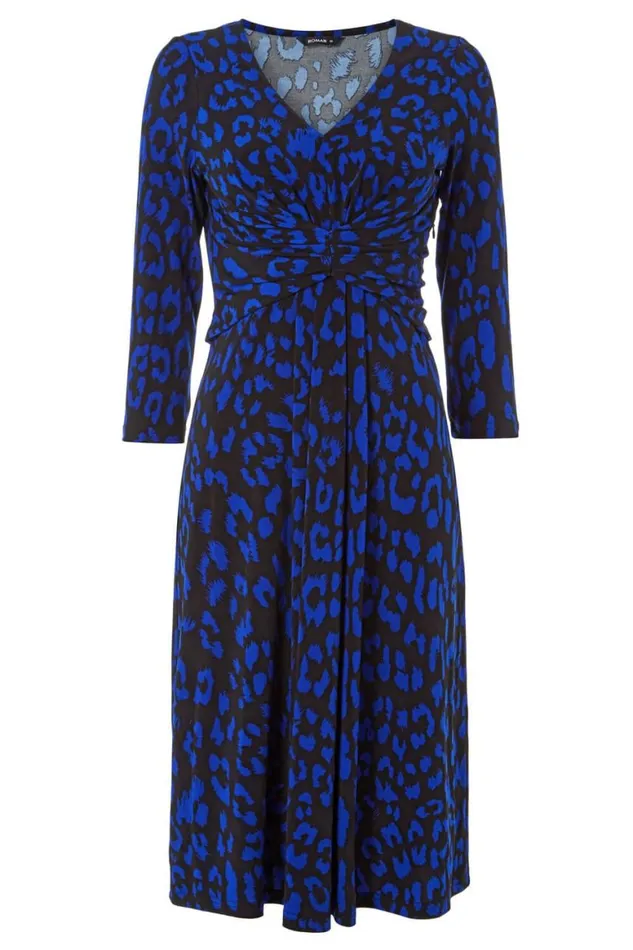 Women Royal Blue Leopard Print Fit And Flare Dress Roman Dresses