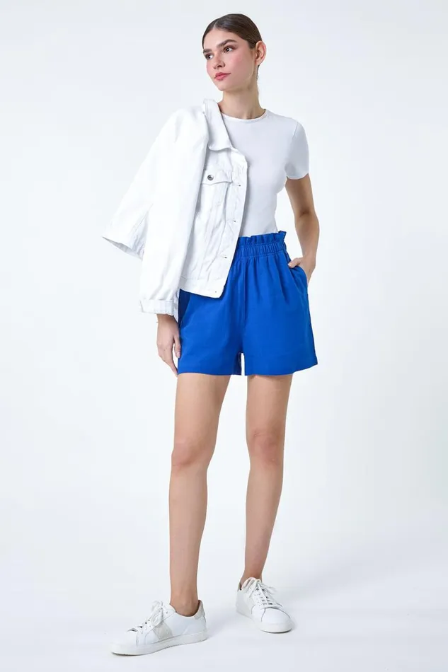 Women Royal Blue Linen Blend Elastic Waist Pocket Shorts Roman Shorts