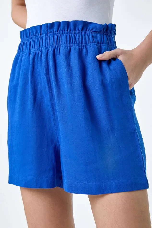 Women Royal Blue Linen Blend Elastic Waist Pocket Shorts Roman Shorts