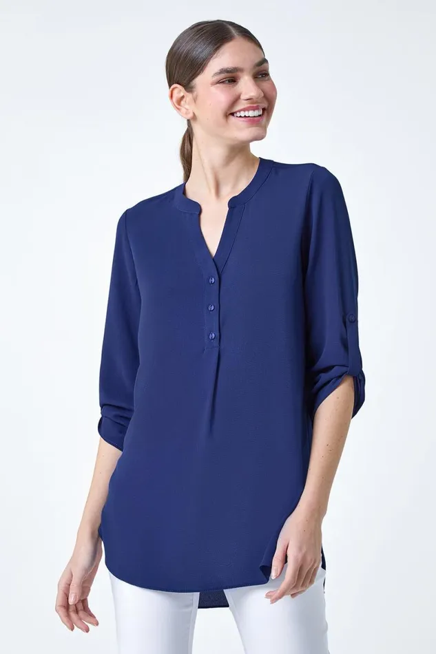 Women Royal Blue Longline Tunic Stretch Blouse Roman Tops