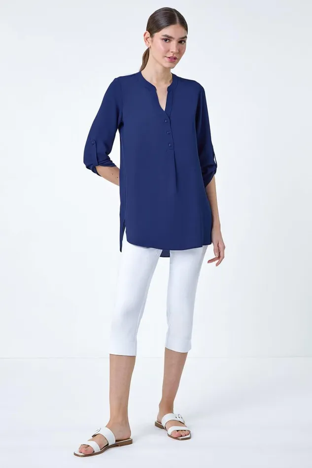 Women Royal Blue Longline Tunic Stretch Blouse Roman Tops