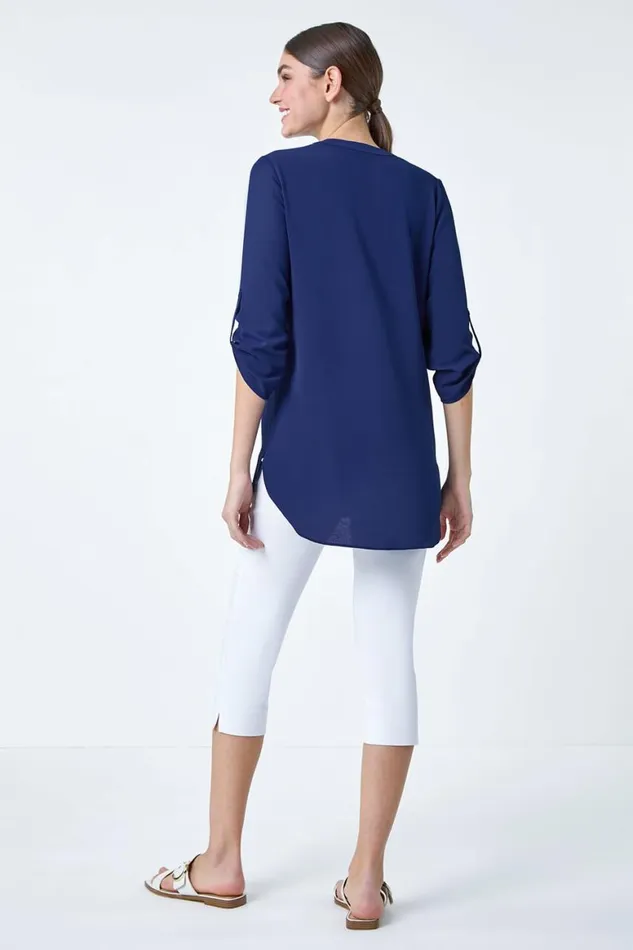 Women Royal Blue Longline Tunic Stretch Blouse Roman Tops
