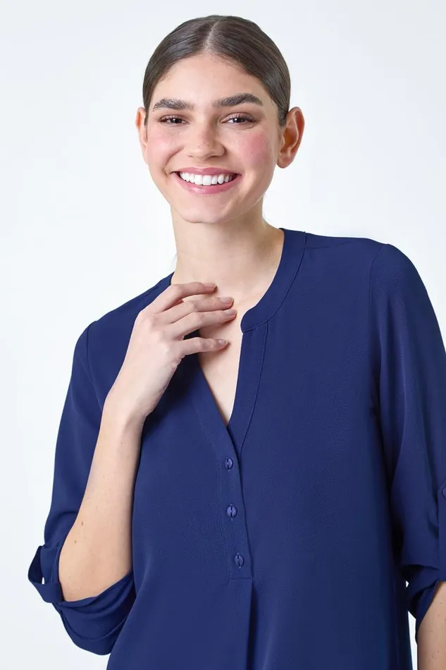 Women Royal Blue Longline Tunic Stretch Blouse Roman Tops