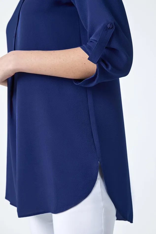Women Royal Blue Longline Tunic Stretch Blouse Roman Tops