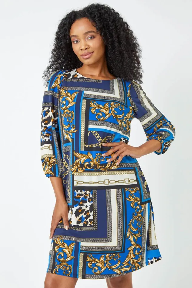 Women Royal Blue Petite Abstract Animal Print Shift Dress Roman Dresses