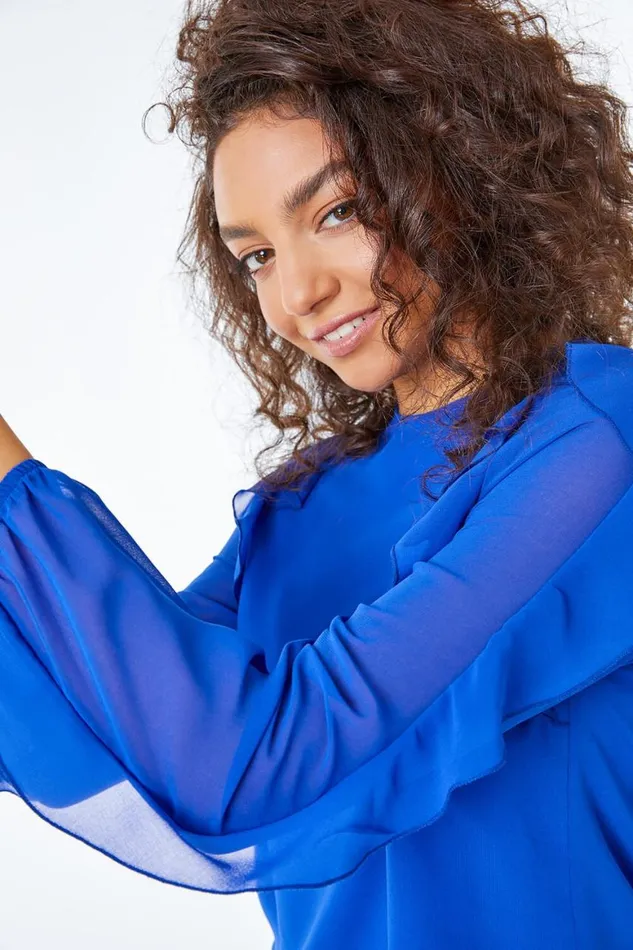Women Royal Blue Petite Frill Sleeve Chiffon Top Roman Tops