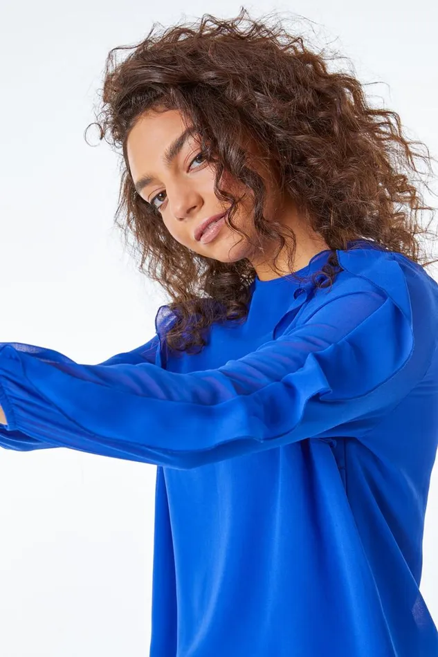 Women Royal Blue Petite Frill Sleeve Chiffon Top Roman Tops