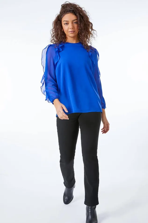 Women Royal Blue Petite Frill Sleeve Chiffon Top Roman Tops