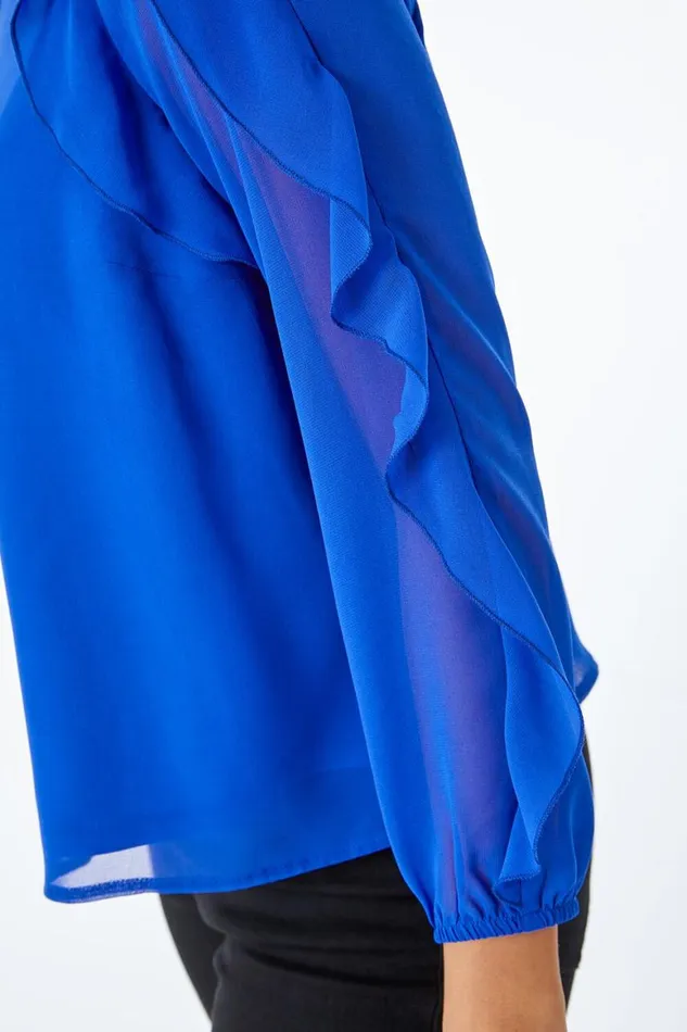 Women Royal Blue Petite Frill Sleeve Chiffon Top Roman Tops