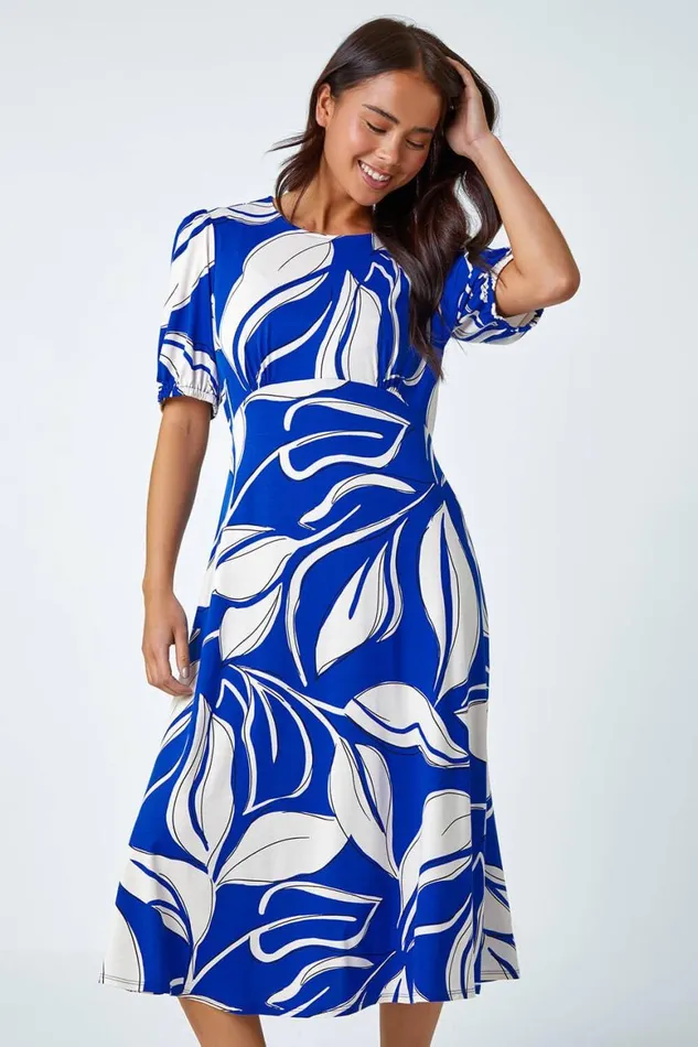 Women Royal Blue Petite Leaf Stretch Midi Dress Roman Dresses