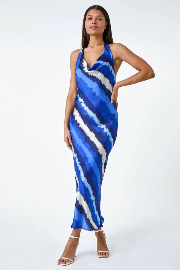 Women Royal Blue Stripe Print Satin Bias Cut Dress Roman Dresses
