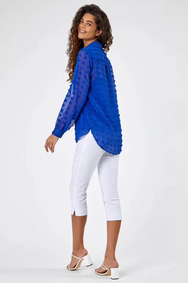 Women Royal Blue Textured Spot Button Up Blouse Roman Tops