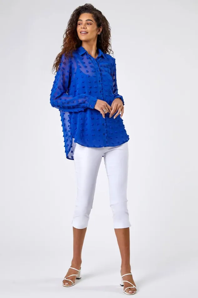 Women Royal Blue Textured Spot Button Up Blouse Roman Tops