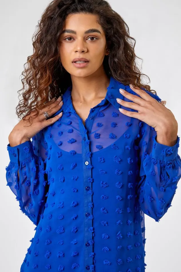 Women Royal Blue Textured Spot Button Up Blouse Roman Tops