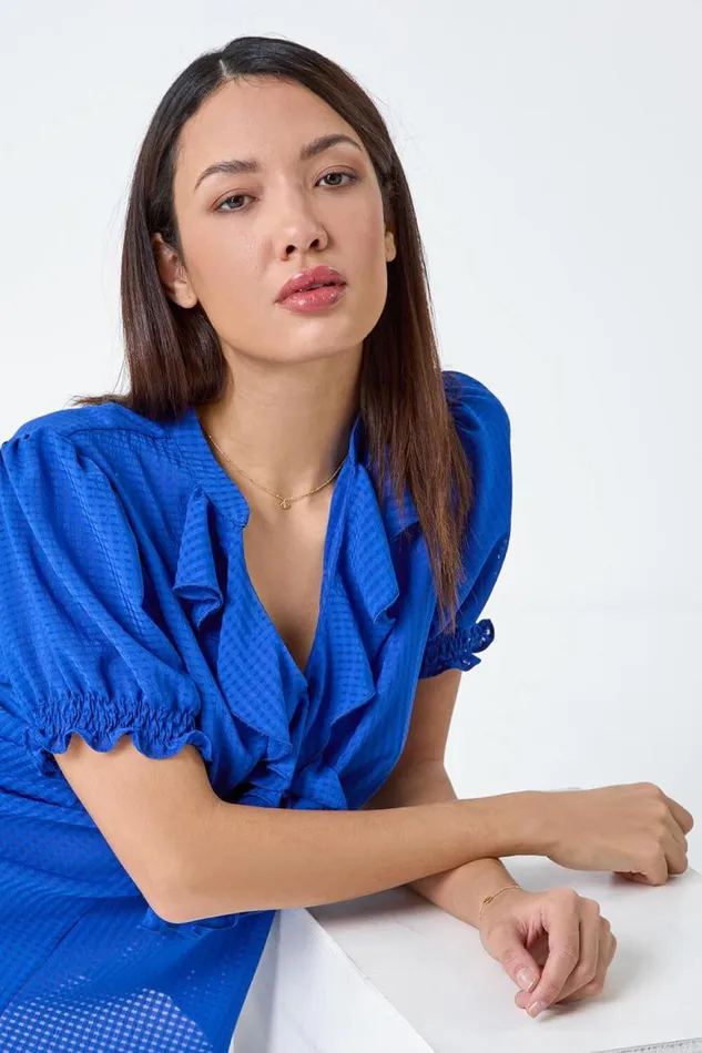 Women Royal Blue Waffle Textured VNeck Frill Detail Top Roman Tops