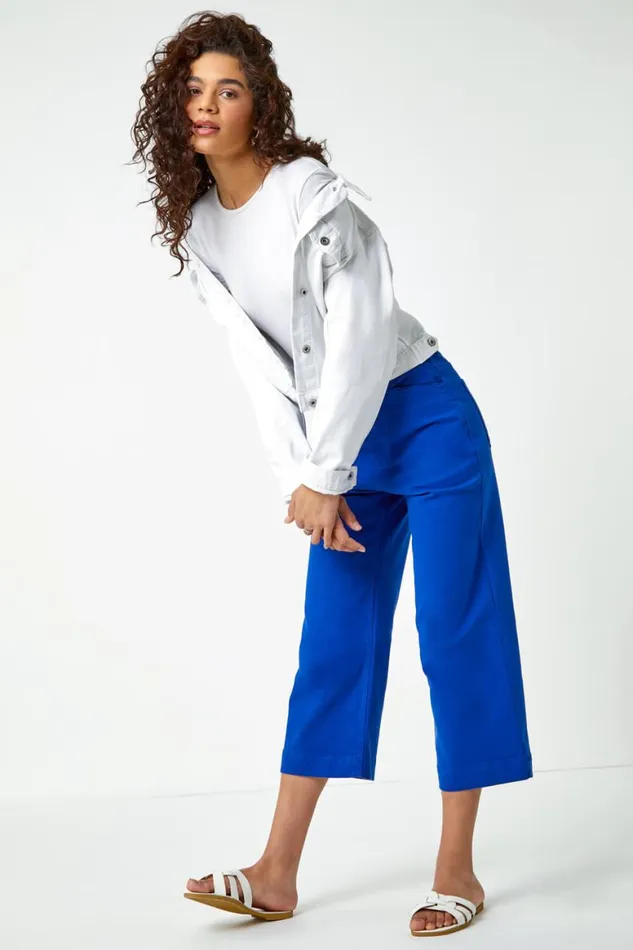 Women Royal Blue Wide Leg Stretch Cropped Denim Culottes Roman Trousers