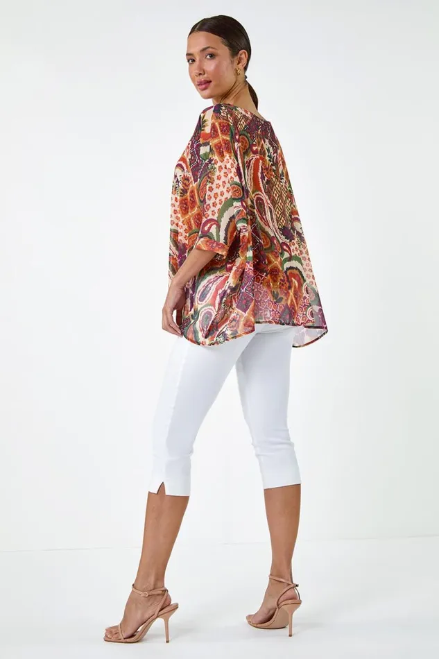 Women Rust Aztec Print Chiffon Overlay Top Roman Tops