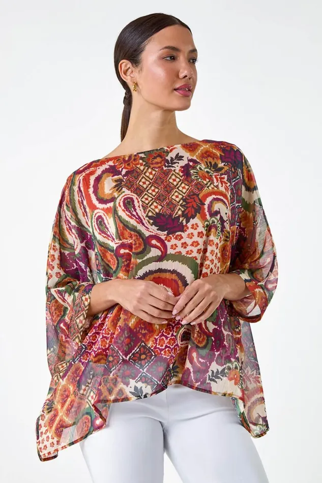 Women Rust Aztec Print Chiffon Overlay Top Roman Tops