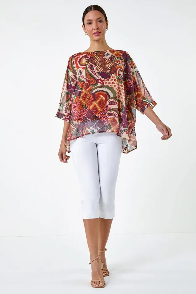 Women Rust Aztec Print Chiffon Overlay Top Roman Tops