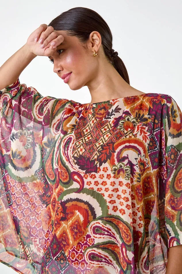 Women Rust Aztec Print Chiffon Overlay Top Roman Tops