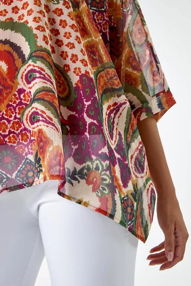 Women Rust Aztec Print Chiffon Overlay Top Roman Tops