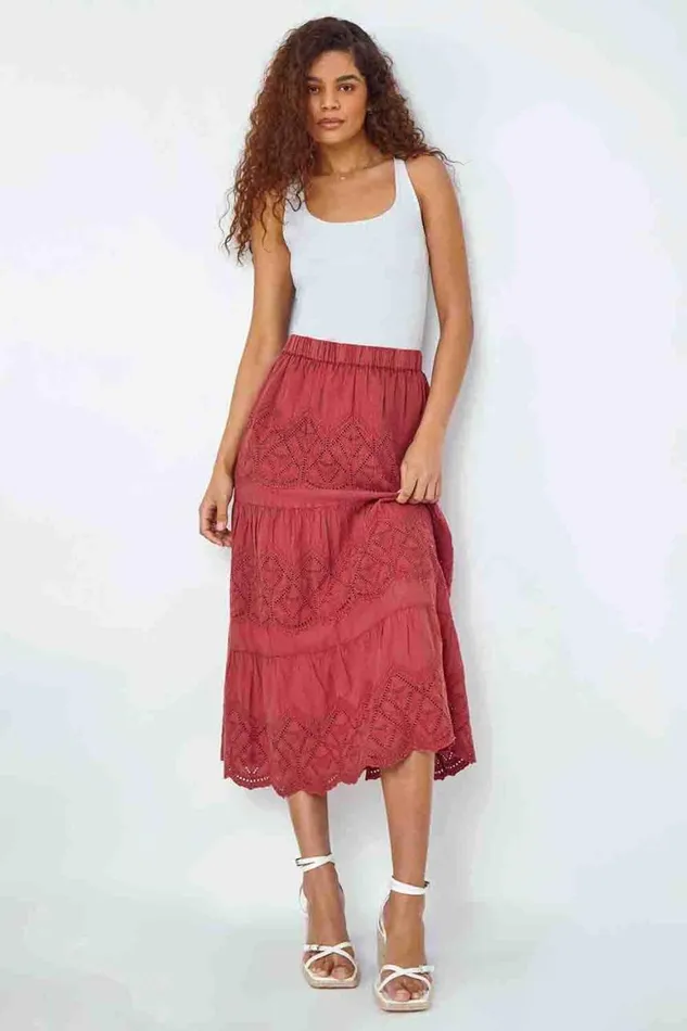 Women Rust Broderie Elastic Waist A Line Tiered Midi Skirt Roman Skirts