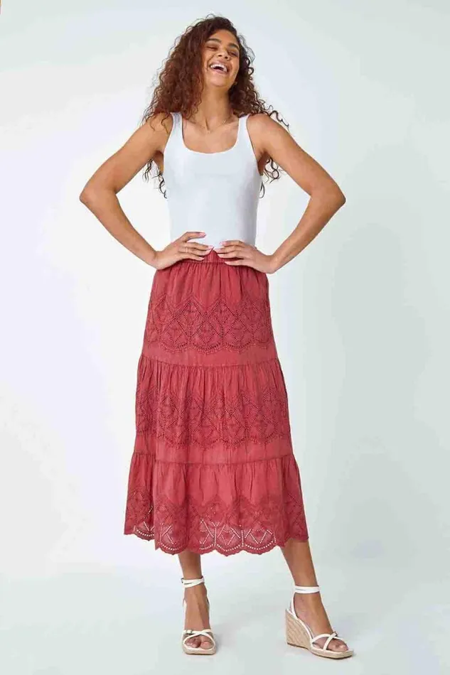 Women Rust Broderie Elastic Waist A Line Tiered Midi Skirt Roman Skirts