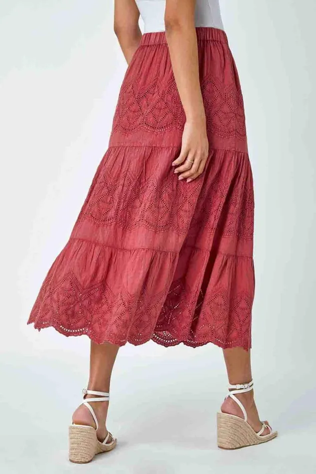 Women Rust Broderie Elastic Waist A Line Tiered Midi Skirt Roman Skirts