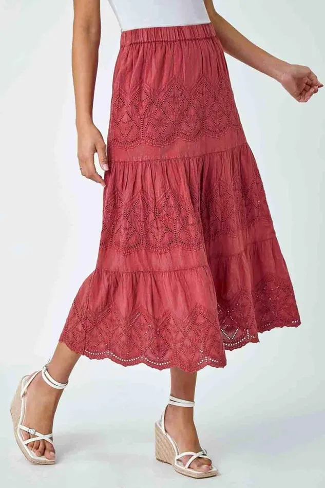 Women Rust Broderie Elastic Waist A Line Tiered Midi Skirt Roman Skirts