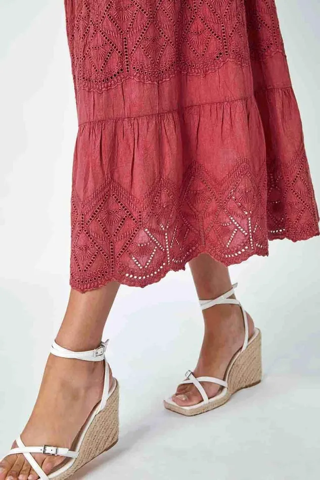Women Rust Broderie Elastic Waist A Line Tiered Midi Skirt Roman Skirts