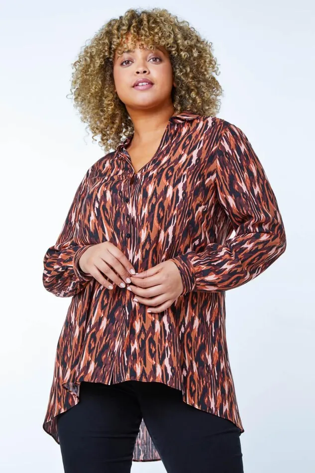 Women Rust Curve Animal Print Shirt Roman Tops