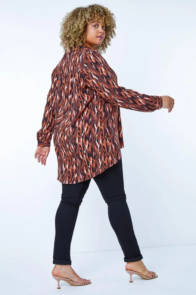 Women Rust Curve Animal Print Shirt Roman Tops