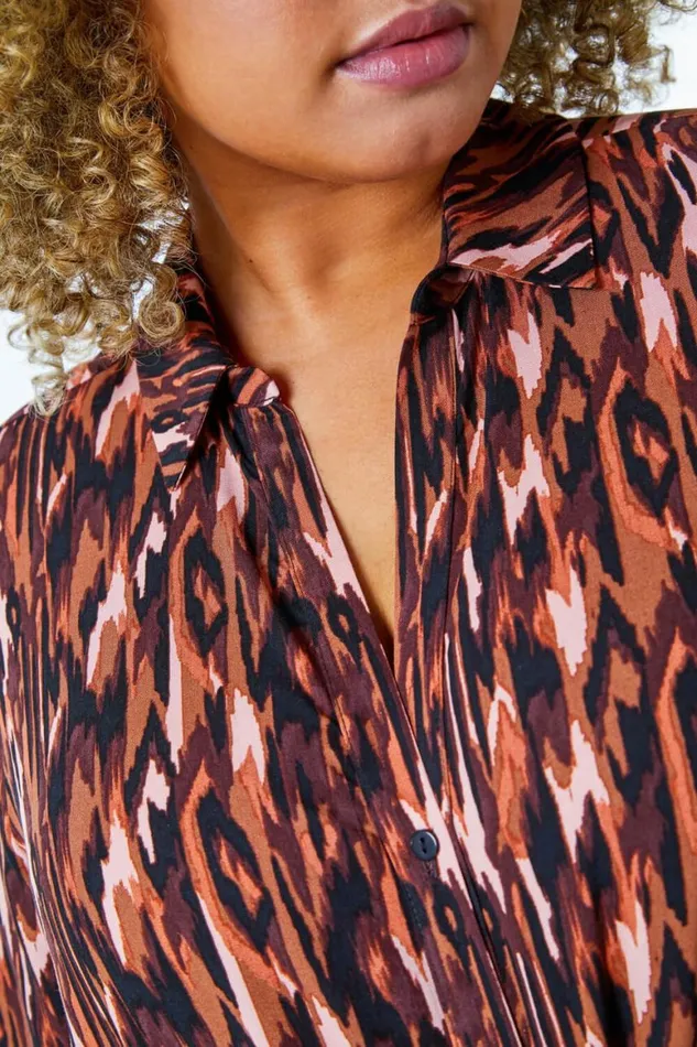 Women Rust Curve Animal Print Shirt Roman Tops