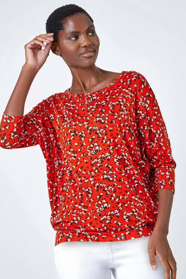 Women Rust Ditsy Floral Stretch Blouson Top Roman Tops