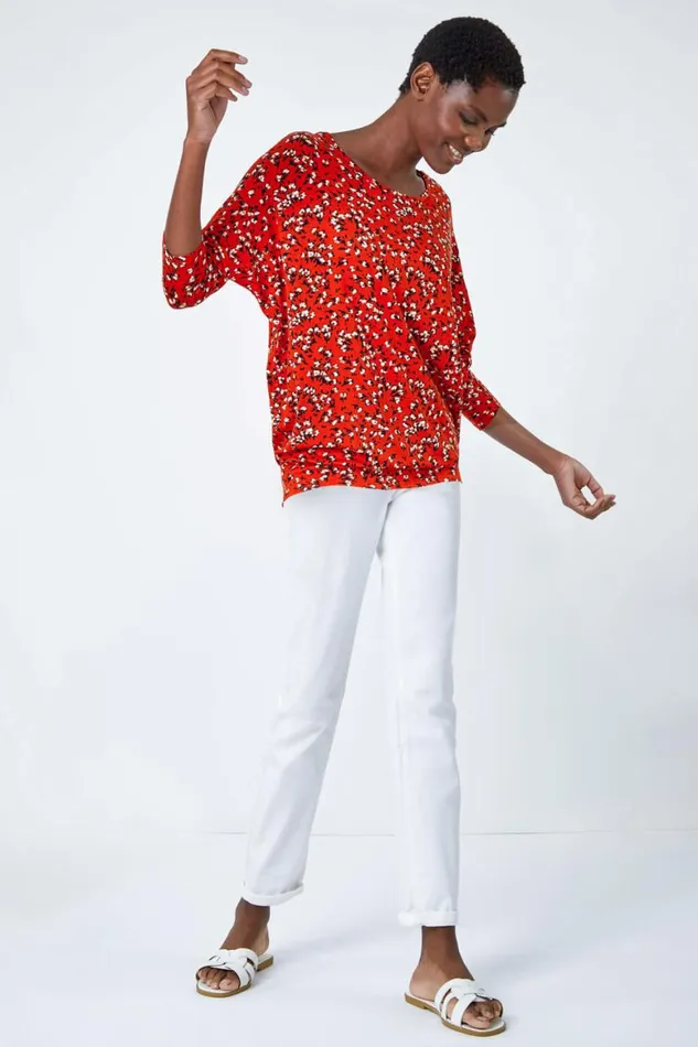 Women Rust Ditsy Floral Stretch Blouson Top Roman Tops