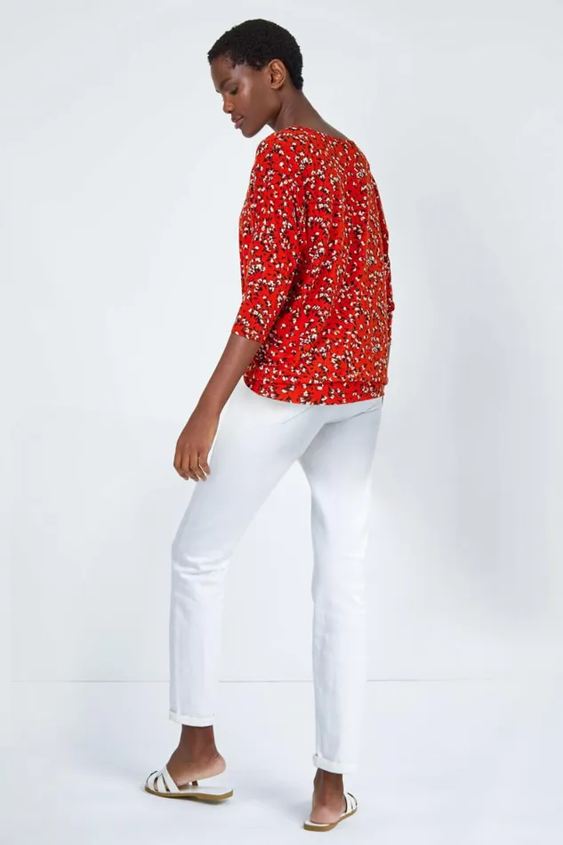 Women Rust Ditsy Floral Stretch Blouson Top Roman Tops