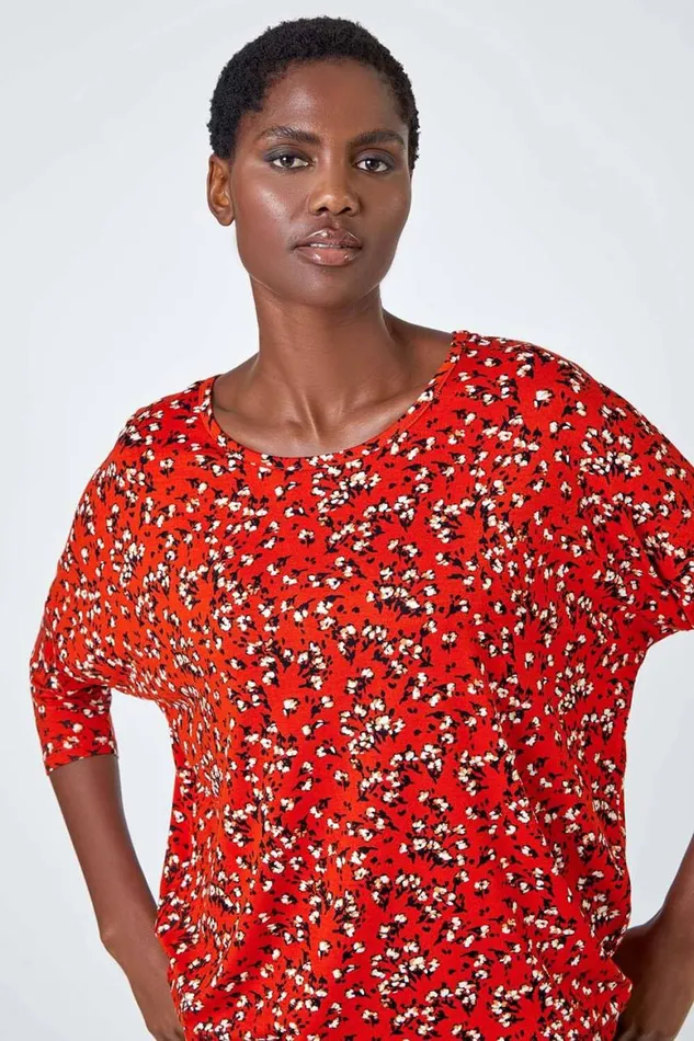 Women Rust Ditsy Floral Stretch Blouson Top Roman Tops