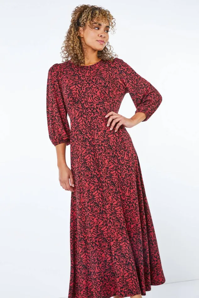 Women Rust Petite Floral Print Stretch Midi Dress Roman Dresses