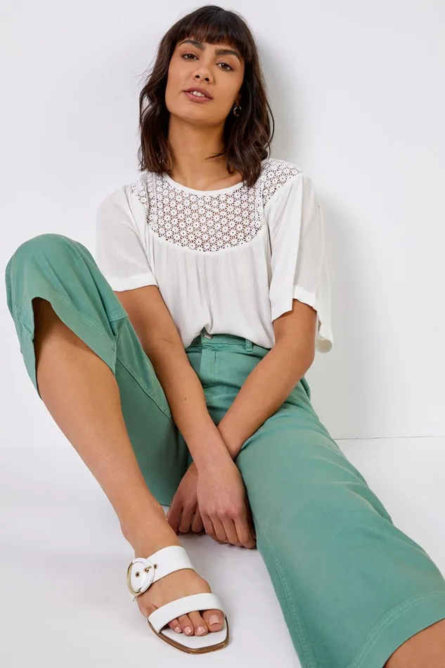 Women Sage Wide Leg Stretch Denim Cropped Culottes Roman Trousers